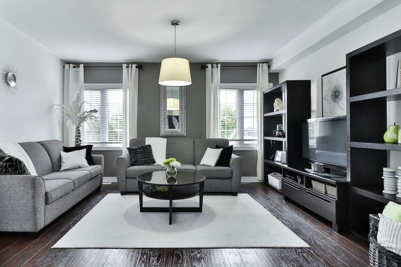 Cozy living room with velvet sofas and pendant light, featured by Regal Touch Home.