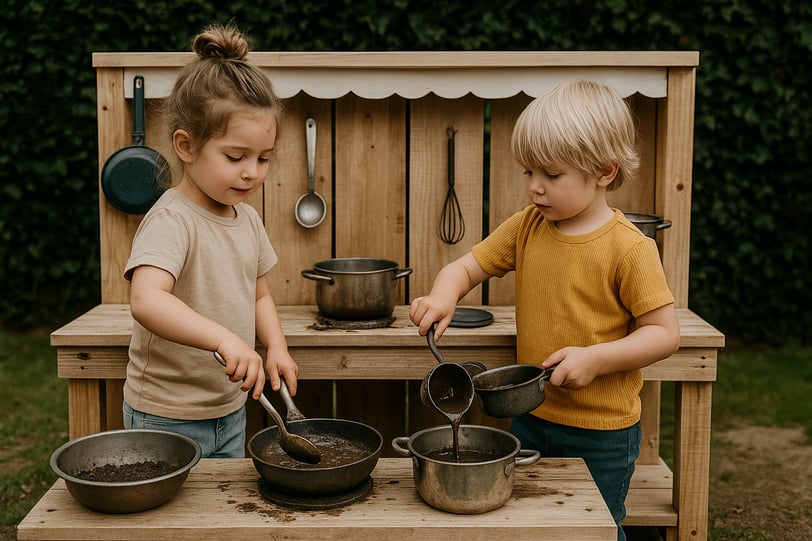 DIY mud kitchen with overhead shade canopy, natural wood counter, and kids playing in a sun-safe environment.