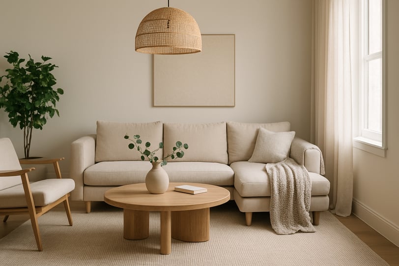 Modern cozy home interior featuring neutral tones, plush textures, warm lighting, and natural elements for a welcoming atmosp