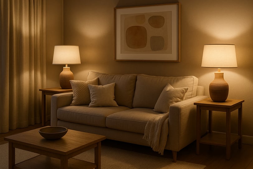 Living room with dimmable warm lighting, table lamps, and linen shades creating a soft glow
