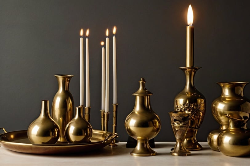 Various brass vases, candlesticks, and a decorative tray showcasing different shapes and sizes.