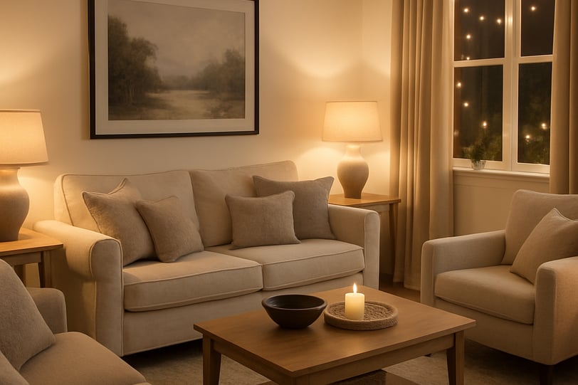 Modern cozy living room with neutral beige and cream tones, soft textured pillows, warm ambient lighting, wooden coffee table