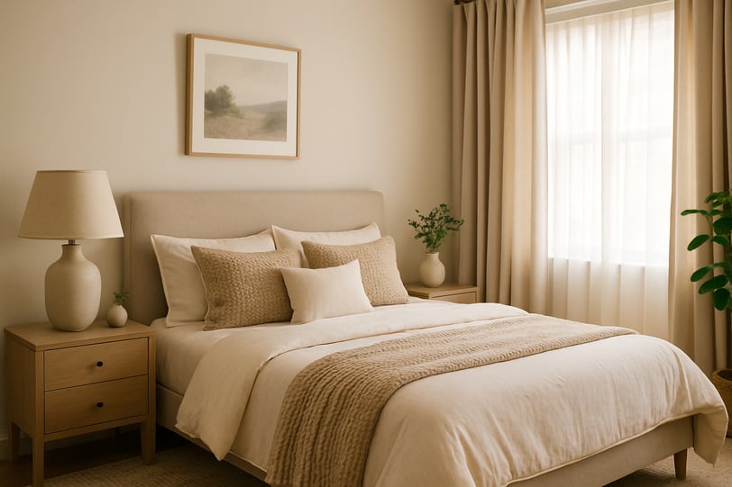 Serene cozy bedroom with neutral beige tones, plush bed, soft textured pillows, wooden nightstands, and natural light through