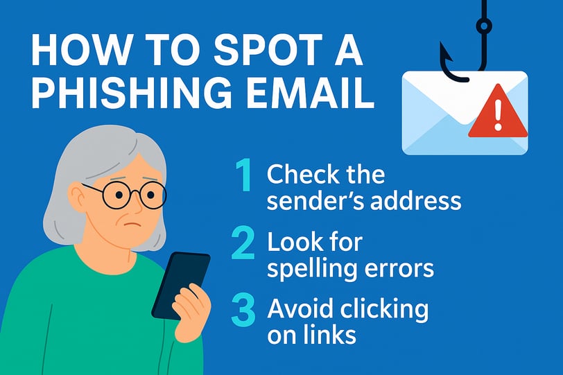 Illustration showing an elderly woman reading a suspicious email with a phishing warning symbol on s