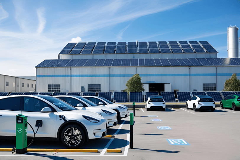 Smart Factory mit Ladestationen auf Firmenparkplatz