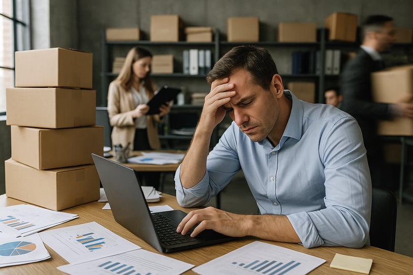 Hombre de negocios estresado frente a su computador, rodeado de papeles con gráficas y cajas en una oficina desordenada, mien
