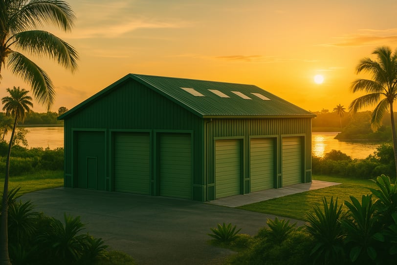 A tampa warehouse on the bay behind a beautiful tampa sunset