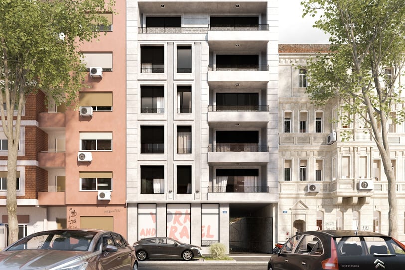 Exterior render of an urban apartment building.