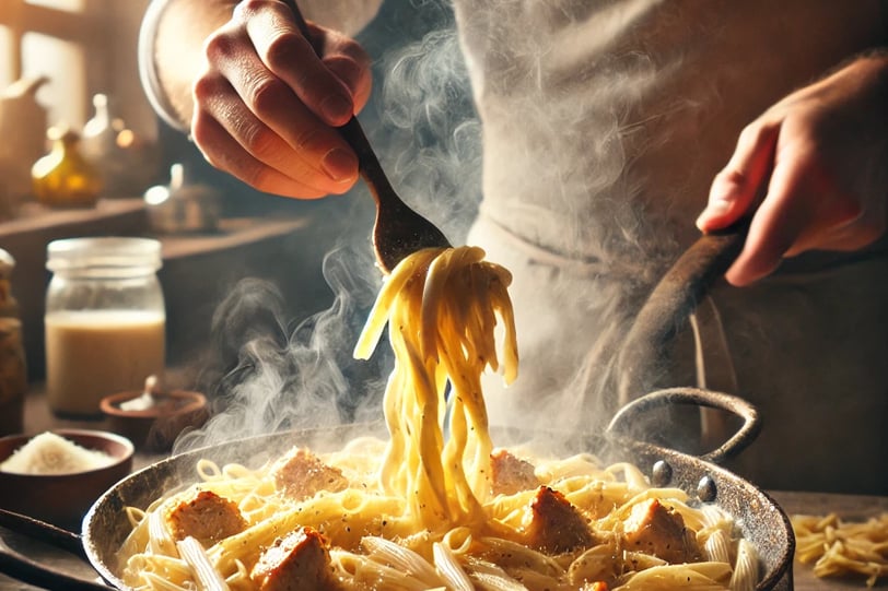 Cooking Marry Me Chicken Pasta – sautéed chicken, creamy Parmesan sauce, and pasta preparation.