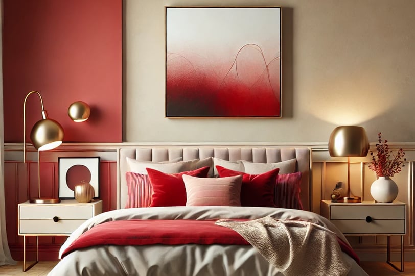 Cozy bedroom with cherry red bedding, carved headboard, gold accents, and elegant pastel decor.