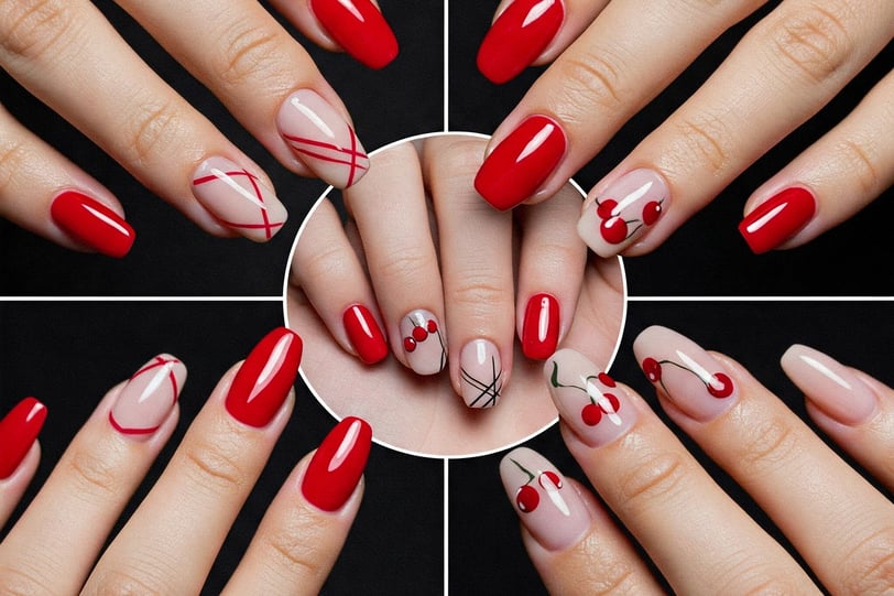 a woman's hands with red and white manicured manicured manicured mani