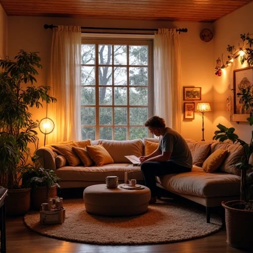 a man sitting on a couch in a living room