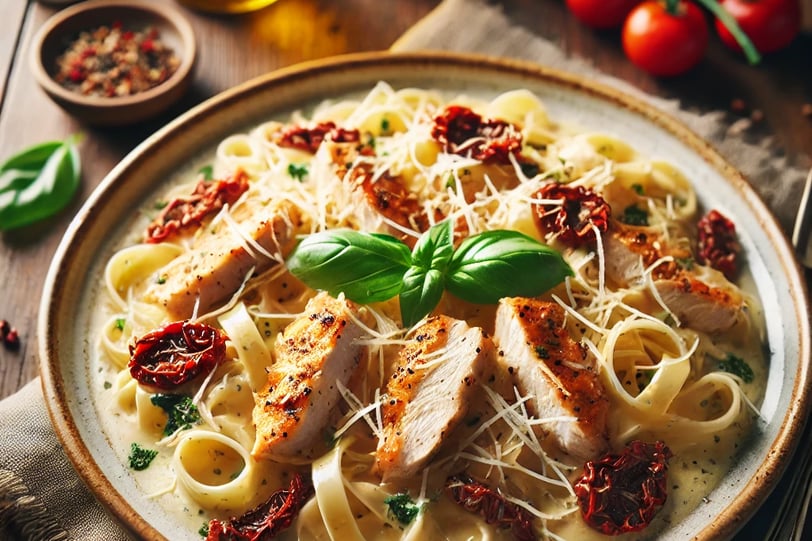 Delicious Marry Me Chicken Pasta served with creamy Parmesan sauce, sun-dried tomatoes, and basil.