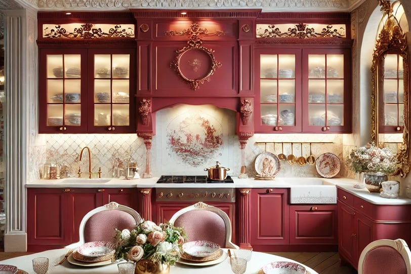 Modern kitchen with cherry red cabinets,gold hardware,pastel backsplash,and Rococo-inspired details