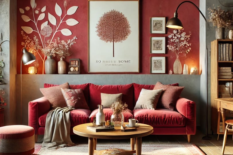 Modern living room with cherry red sofa, gold-framed mirror, pastel walls, and plush area rug.