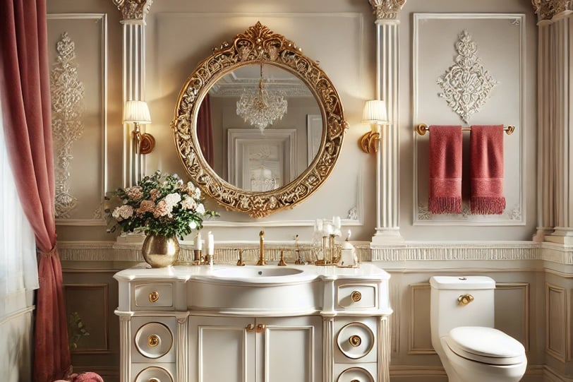 Luxurious bathroom with gold-framed mirror, marble tiles,cherry red towels,and crystal light fixture