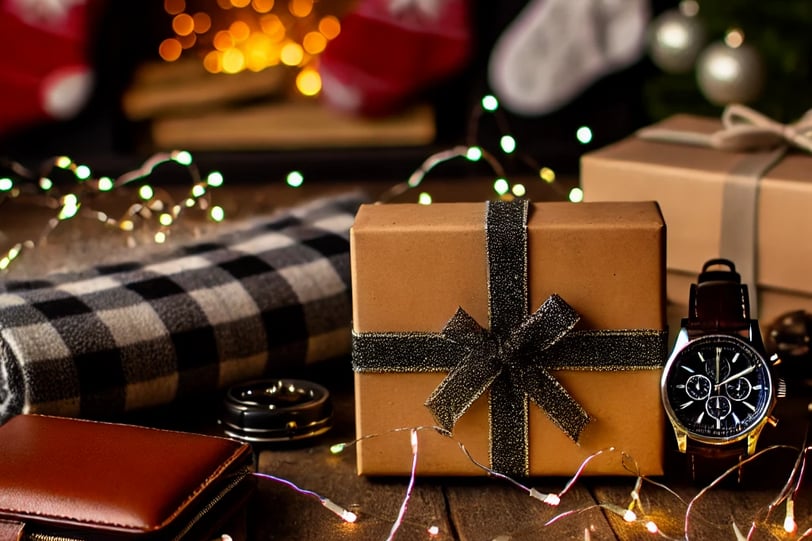 A selection of unique Christmas gifts for him, featuring a leather wallet, smartwatch, and whiskey s