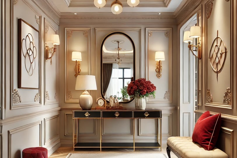 A welcoming hallway with a modern console table, cherry red decor accents, and a gold-framed mirror