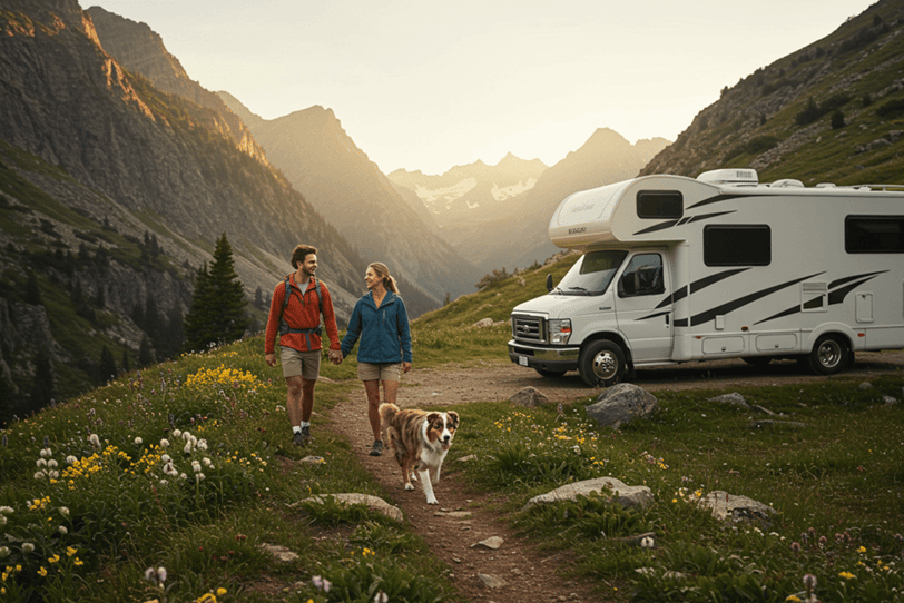Couple with happy dog going on a hike in the mountains with RV in the background