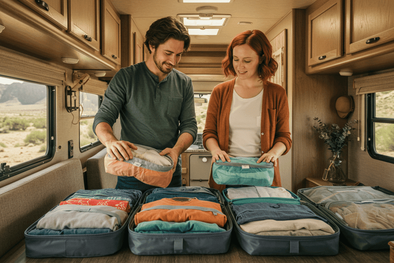 Couple organizing packable clothing for RV living and enjoying versatile outfits