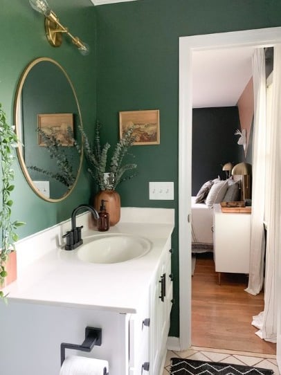 a bathroom with a green wall and a white sink and plants