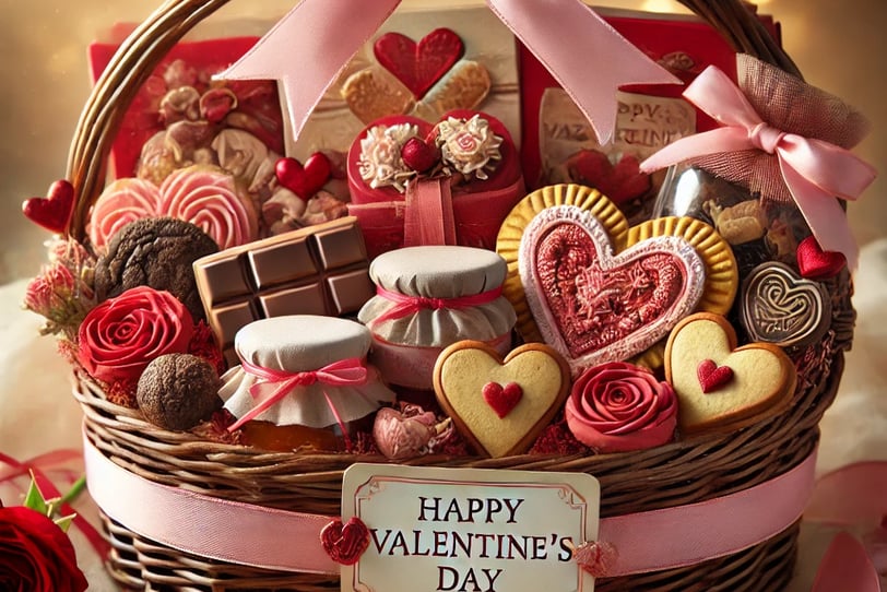a basket of valentine's day treats