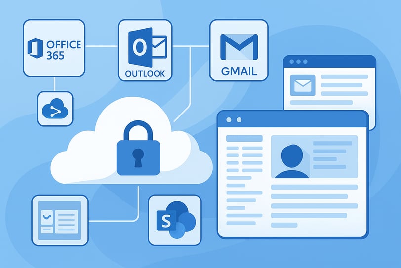 Office 365, Outlook, Gmail ve SharePoint ikonlarının birbirine bağlı şekilde gösterildiği, bulut güv