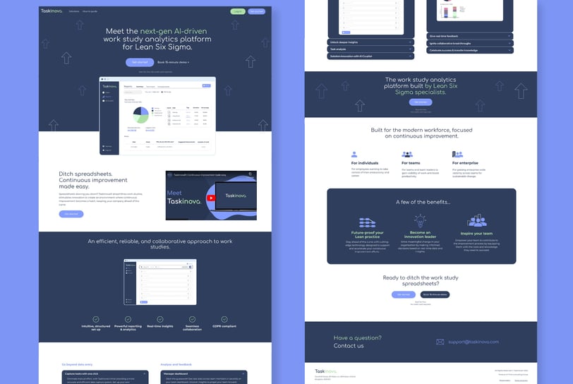 Taskinova marketing website displaying branding, app features, and user engagement.