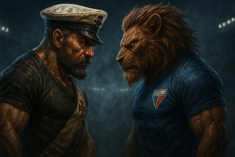Imagem digital hiper-realista mostrando os mascotes humanóides do Vasco e do Fortaleza.