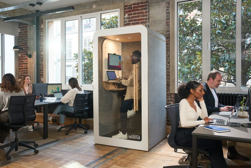 Office workers sitting at desks in a modern office with a Work With Island