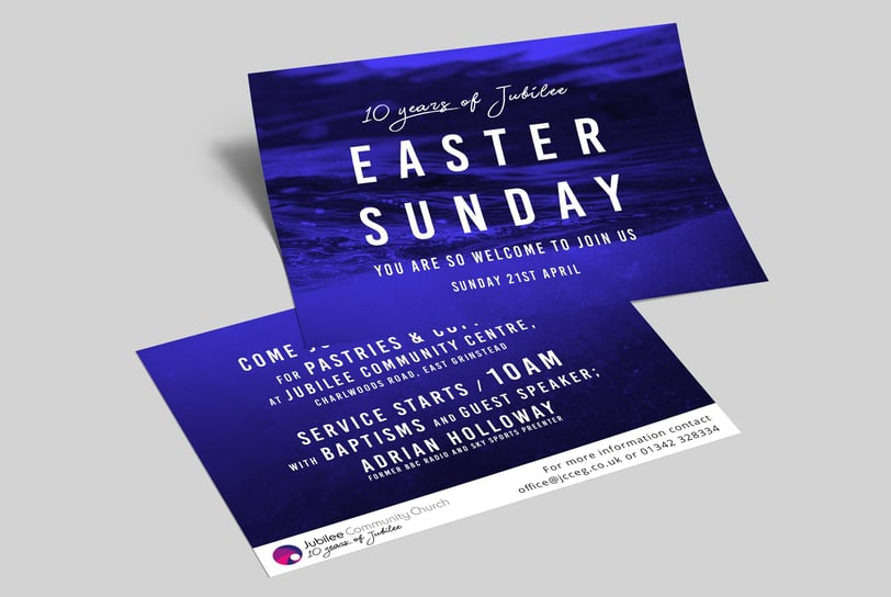 Jubilee Community Church Easter Sunday flyer with a blue water-themed design.