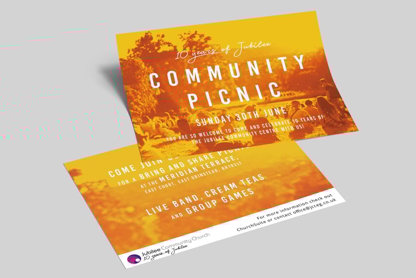 Jubilee Community Church Community Picnic flyer with a warm yellow and orange theme.
