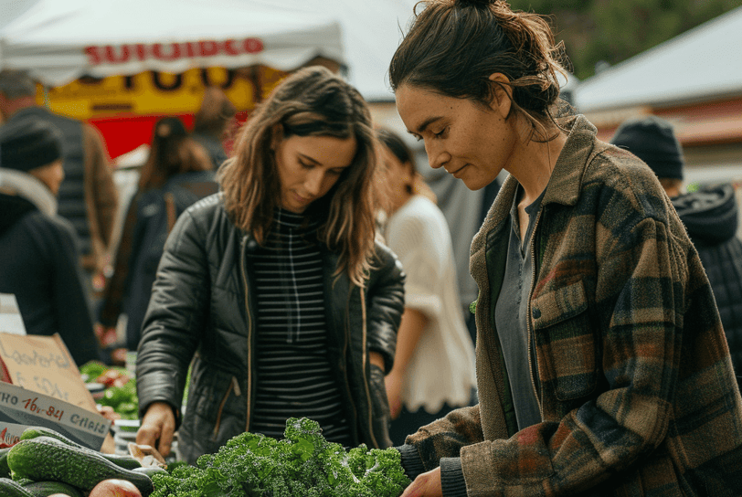 a woman is standing in front of a table with a variety of vegetables