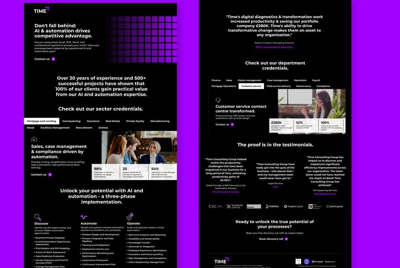 Full-length webpage mockup for Time Consulting Group, showcasing a structured layout emphasising AI.
