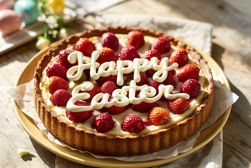 Baked strawberry tart with vanilla cream filling, topped with whole strawberries and white chocolate
