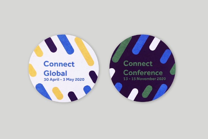Two circular beer mats for Connect Conference events.