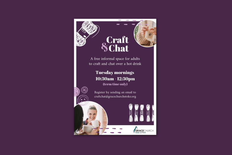 A poster promoting "Craft & Chat," with a dark purple background, white text