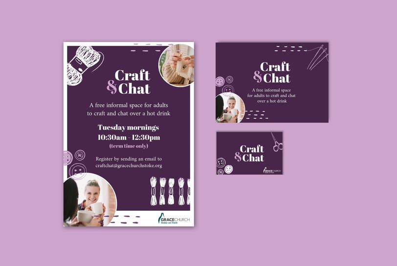 A collection of printed promotional materials for "Craft & Chat," featuring a deep purple background