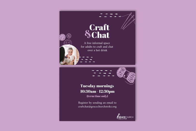 A double-sided leaflet for "Craft & Chat" with a dark purple background, white text.