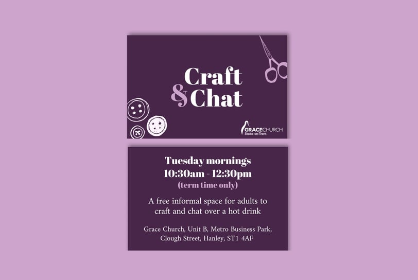 A set of business cards for "Craft & Chat" featuring a dark purple background with white text