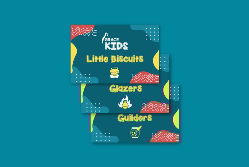 A3 posters for Grace Kids, each displaying a different group name with corresponding icons.