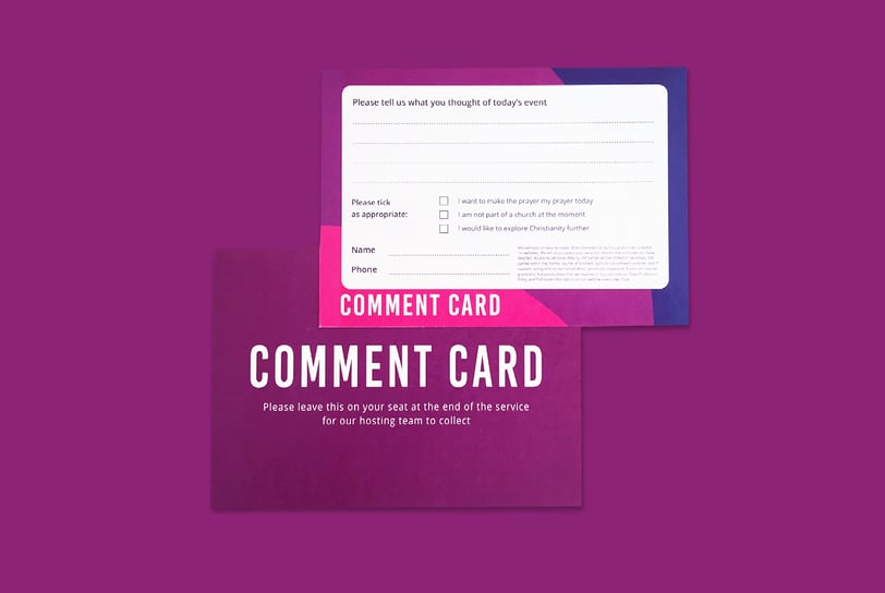 A church event comment card with a purple and magenta design based on the logo.