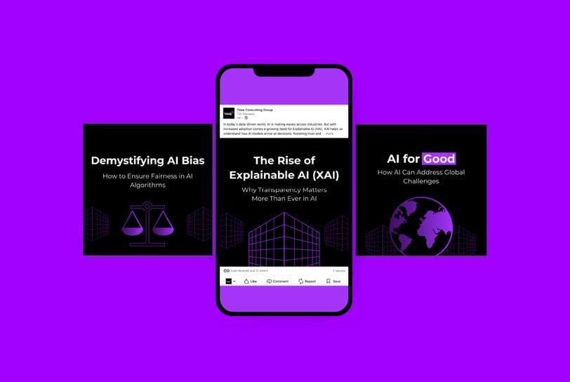 Social media post designs for Time Consulting Group featuring AI-related topics.