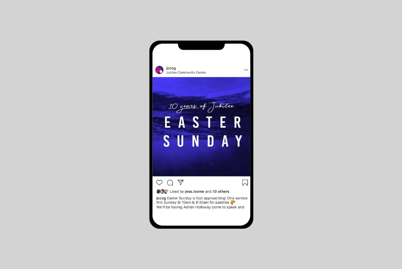 Instagram post on a mobile screen promoting Jubilee Community Church’s Easter Sunday event.