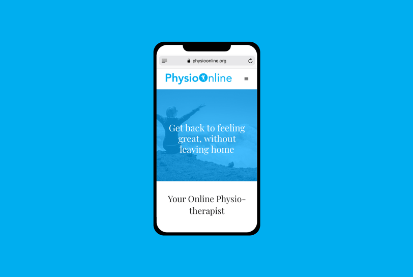 A mobile phone displaying the PhysioOnline website homepage on a blue background.