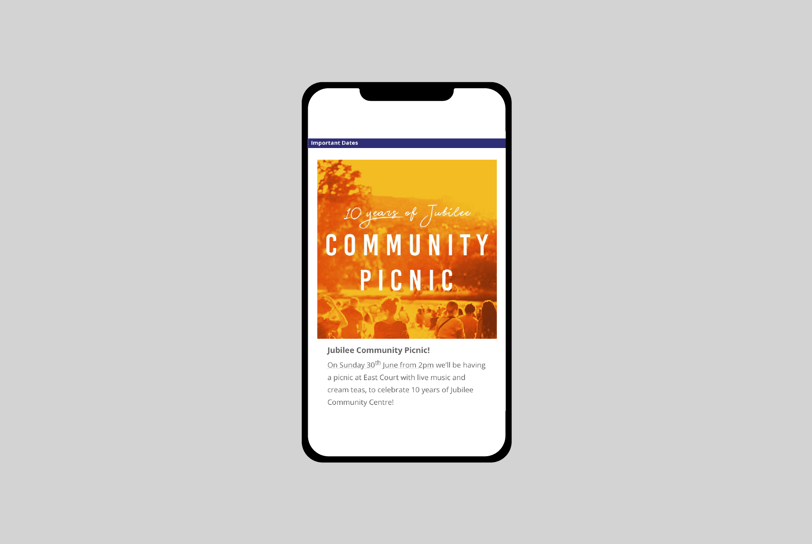 Mobile view of Jubilee Community Church’s Community Picnic event announcement.