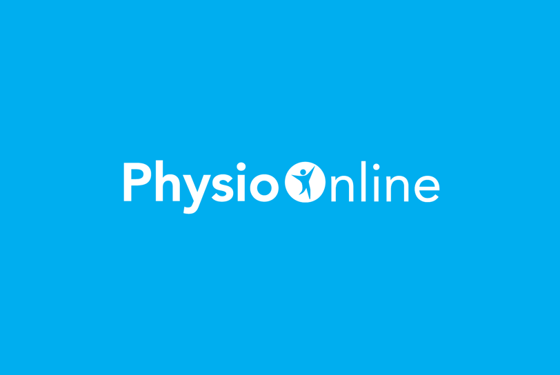 White PhysioOnline logo on a solid blue background.