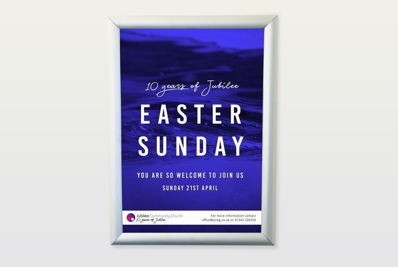 Framed Easter Sunday event poster for Jubilee Community Church with a blue water background,.