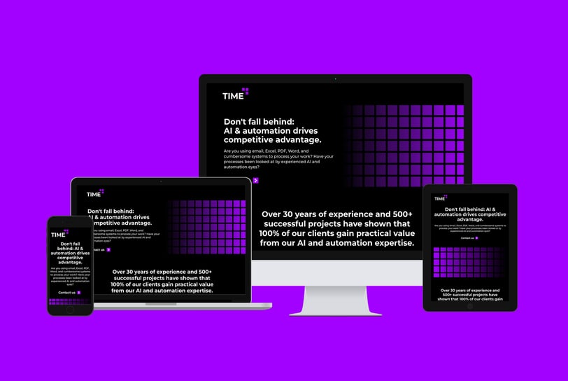 Responsive website mockup for Time Consulting Group displayed on various devices.