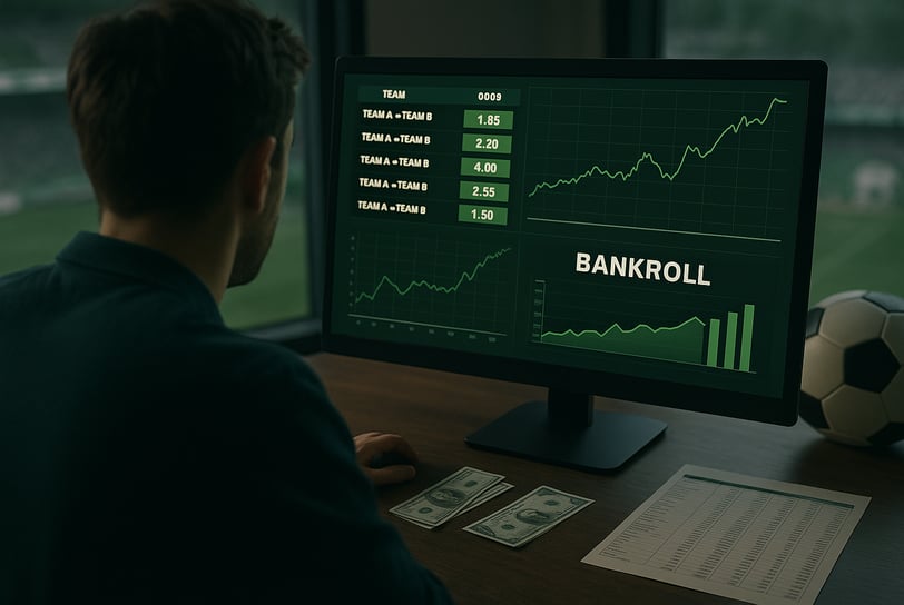 Homem analisando gráficos de apostas esportivas e gestão de banca em tela de computador